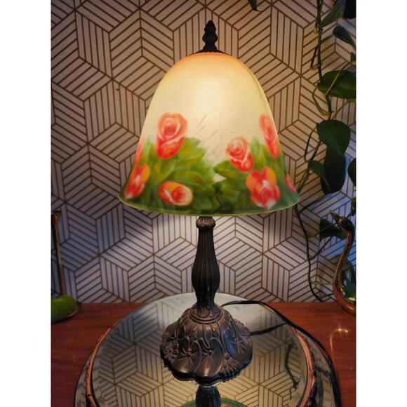 Vintage Tiffany Style Brass and Glass Table Lamp Reverse Painted Glass Shade